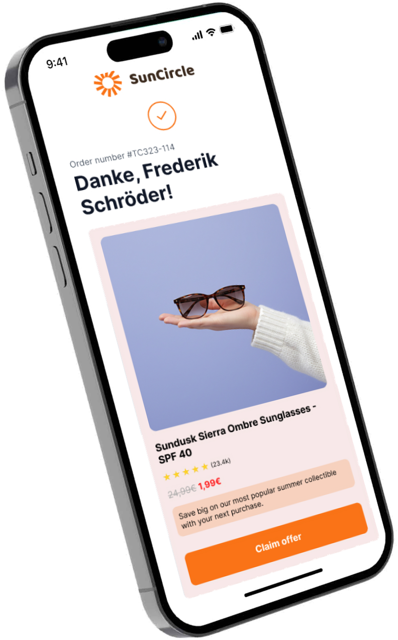 Phone showing a one-click post-purchase upsell offer after checkout